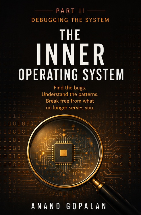 Part II cover: Debugging the System — a magnifying glass over a glowing circuit against near-black and amber