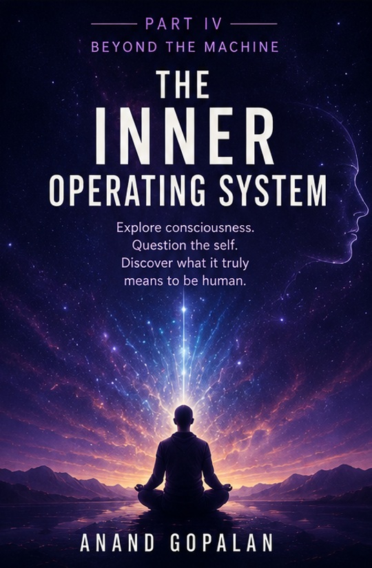Part IV cover: Beyond the Machine — a seated figure beneath a violet cosmic sky